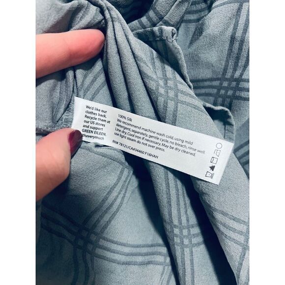 Eileen Fisher Plaid Printed Silk Georgette Crepe Tunic Size Small Window Pane Gr - Picture 6 of 9